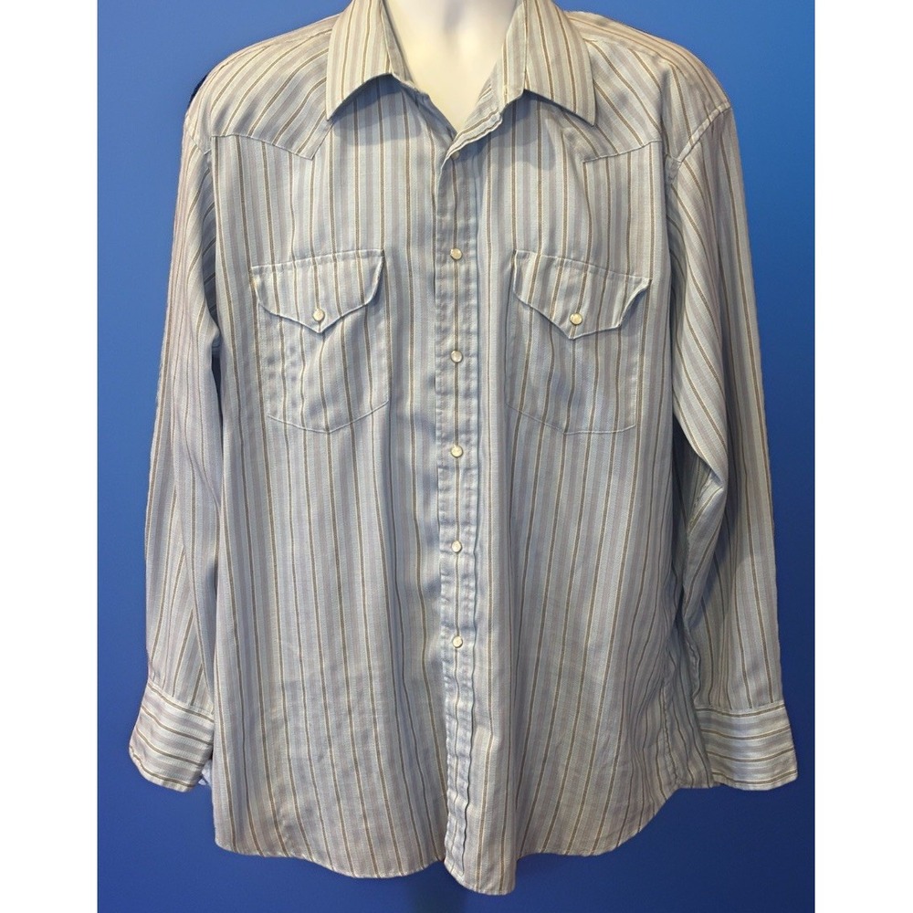 Vtg Panhandle Slim Western Shirt Mens Sz 17.5 Pearl Snap Long Sleeve Blue Stripe